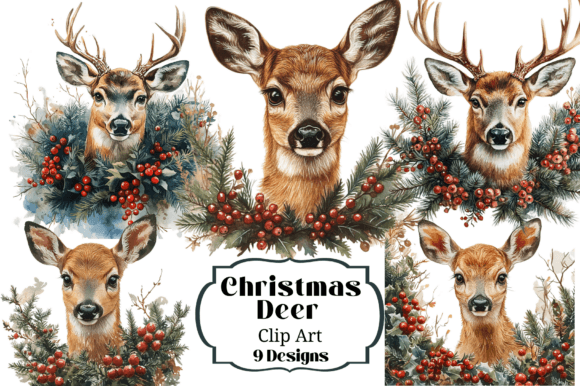 Christmas Deer Buck Doe Fawn Clipart Illustrations