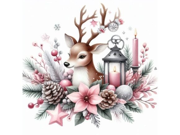 Christmas Deer with Pink and White Decor Illustrations