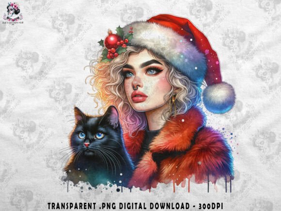 Festive Girl with Cat Christmas Art: Illustrations Review