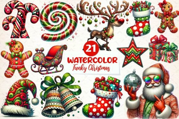 Funky Christmas Watercolor Clipart: Bold Illustrations