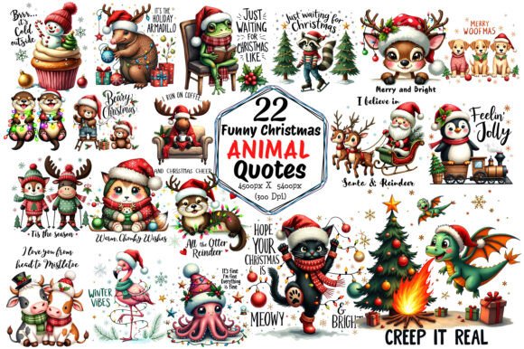 Funny Christmas Animal Quotes Bundle: Festive Illustrations