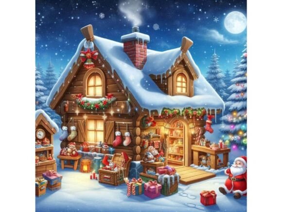 Santa’s Workshop in a Snowy Christmas Se Illustrations