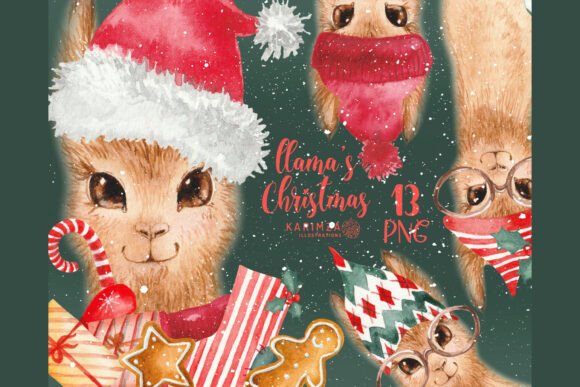 Watercolor Christmas Llama Clipart & Illustrations