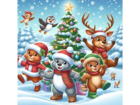 Winter Animals Celebrating Christmas in Illustrations
